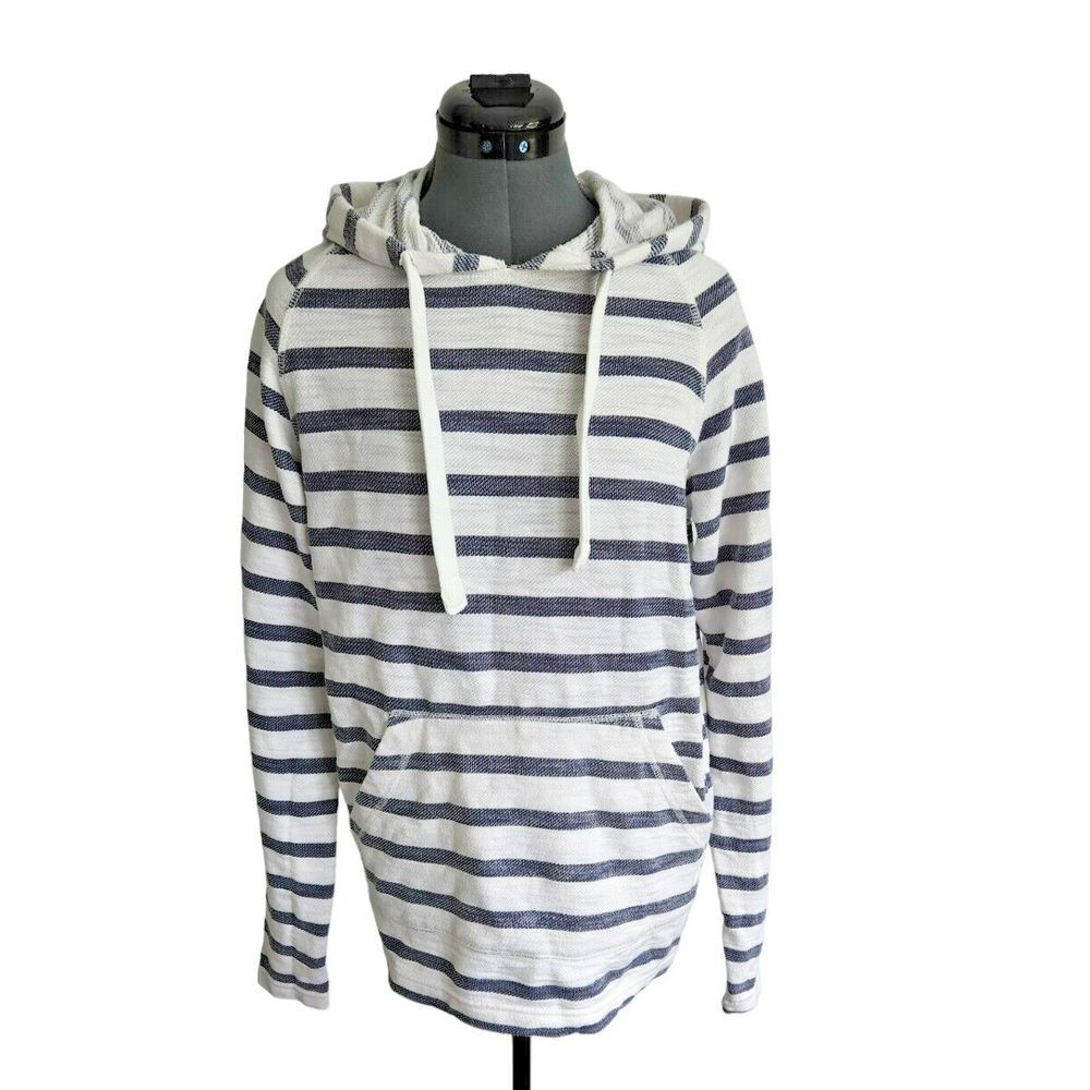 Free Planet Mens Medium Striped Hoodie Navy Blue White Slub Knit Pullover